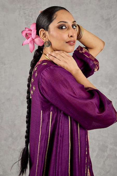 Buy_Shivani Bhargava_Purple Chanderi, Tissue Embroidery, Zari Split V-neck Kurta And Pant Set _Online_at_Aza_Fashions