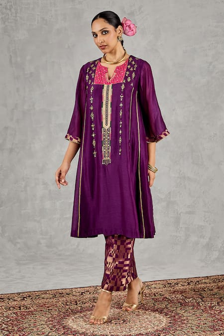Shop_Shivani Bhargava_Purple Chanderi, Tissue Embroidery, Zari Split V-neck Kurta And Pant Set _Online_at_Aza_Fashions