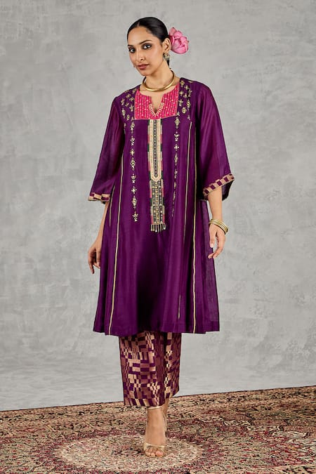 Shivani Bhargava_Purple Chanderi, Tissue Embroidery, Zari Split V-neck Kurta And Pant Set _at_Aza_Fashions