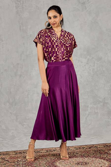 Shop_Shivani Bhargava_Purple Chanderi, Tissue, Satin Zari V-neck Geometric Woven Top And Skirt Set _Online_at_Aza_Fashions