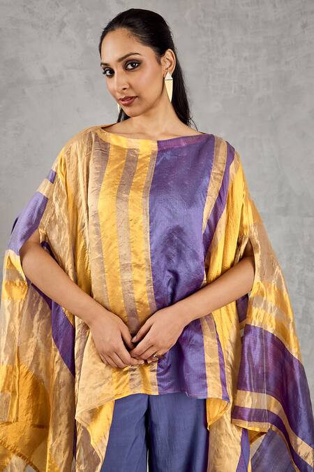 Shivani Bhargava_Yellow Chanderi Boat Neck Striped Cape And Pant Set _Online_at_Aza_Fashions