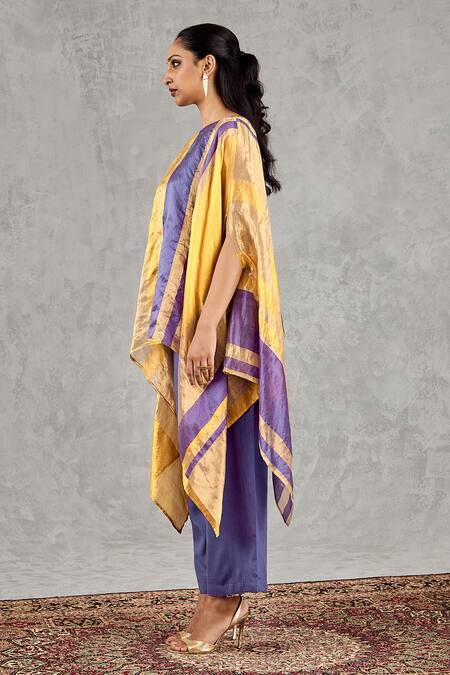 Buy_Shivani Bhargava_Yellow Chanderi Boat Neck Striped Cape And Pant Set _Online_at_Aza_Fashions