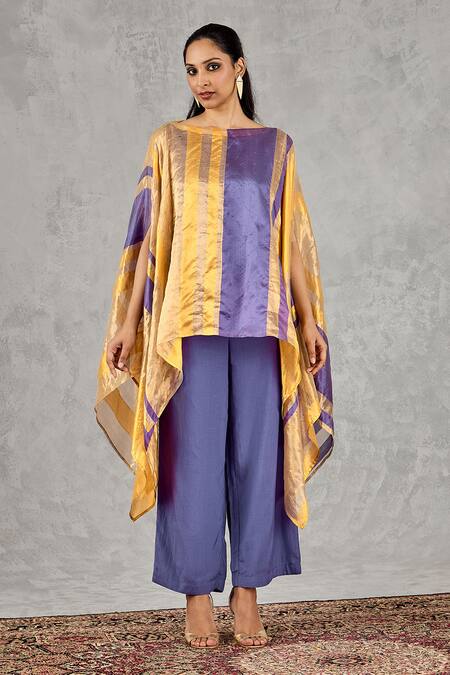 Shop_Shivani Bhargava_Yellow Chanderi Boat Neck Striped Cape And Pant Set _Online_at_Aza_Fashions
