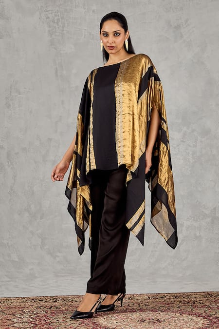 Shivani Bhargava_Black Chanderi Boat Neck Striped Cape And Pant Set _Online_at_Aza_Fashions