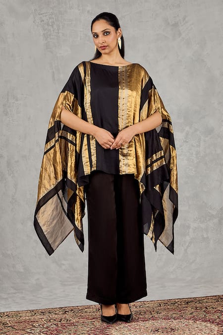 Shop_Shivani Bhargava_Black Chanderi Boat Neck Striped Cape And Pant Set _Online_at_Aza_Fashions