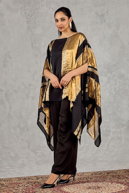 Shivani Bhargava_Black Chanderi Boat Neck Striped Cape And Pant Set _at_Aza_Fashions