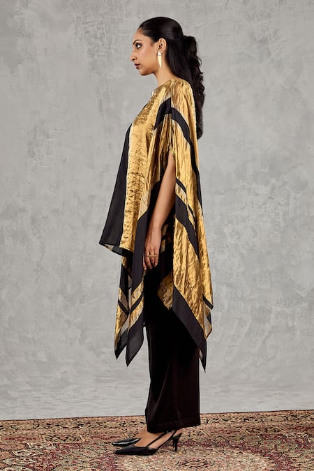 Shop_Shivani Bhargava_Black Chanderi Boat Neck Striped Cape And Pant Set 