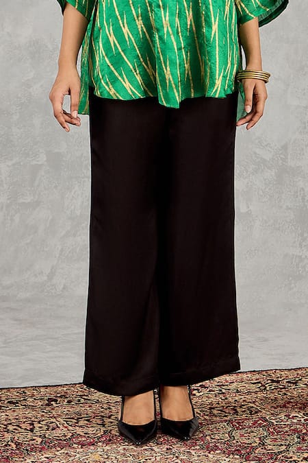 Shivani Bhargava_Green , Satin Zari Mandarin Collar Ikat Pattern Long Top And Pant Set _Online_at_Aza_Fashions