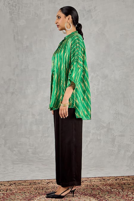 Buy_Shivani Bhargava_Green , Satin Zari Mandarin Collar Ikat Pattern Long Top And Pant Set _Online_at_Aza_Fashions