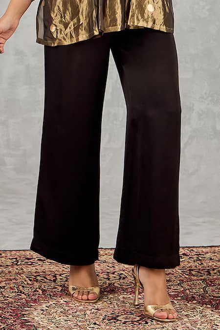 Shivani Bhargava_Gold , Satin Round Neck Polka Dot Pleated Top And Pant Set _Online_at_Aza_Fashions