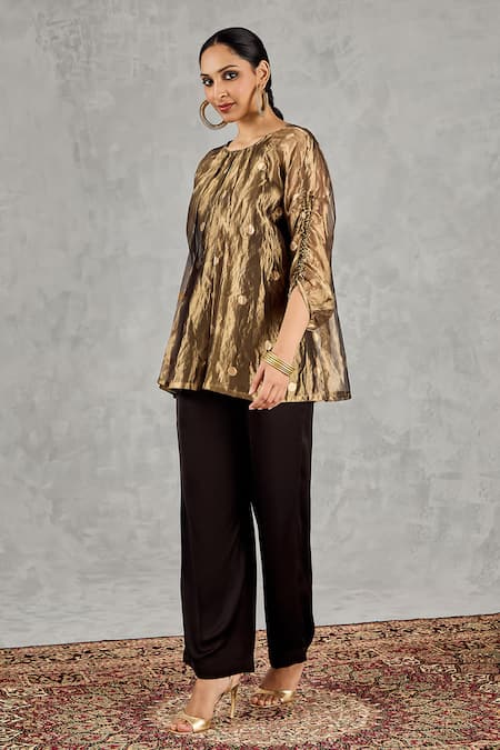 Buy_Shivani Bhargava_Gold , Satin Round Neck Polka Dot Pleated Top And Pant Set _Online_at_Aza_Fashions