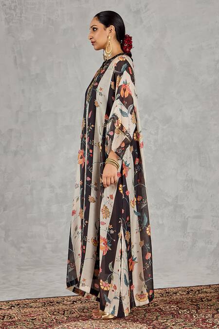 Shivani Bhargava_Black Chanderi Embroidery, Stones Split V-neck, Striped Floral Print Kaftan _Online_at_Aza_Fashions