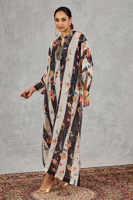 Shop_Shivani Bhargava_Black Chanderi Embroidery, Stones Split V-neck, Striped Floral Print Kaftan _Online_at_Aza_Fashions
