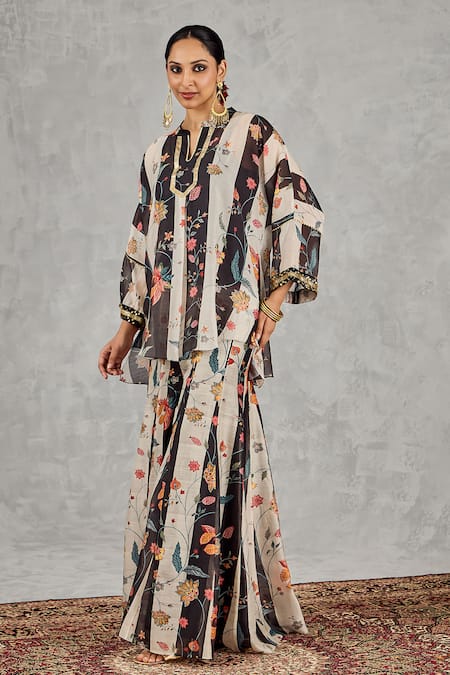 Shivani Bhargava_Black Chanderi Piping V-neck Striped Floral Print Tunic And Palazzo Set _Online_at_Aza_Fashions