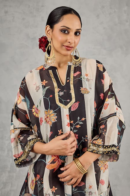 Buy_Shivani Bhargava_Black Chanderi Piping V-neck Striped Floral Print Tunic And Palazzo Set _Online_at_Aza_Fashions
