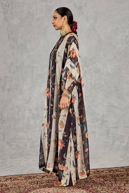 Shivani Bhargava_Black Chanderi Embroidery Split V-neck, Collared Striped Floral Tunic _Online_at_Aza_Fashions