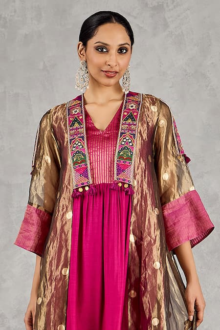 Shivani Bhargava_Gold Silk, Cotton Embroidery, Zari, Tassels Open Neck, Jacket And Kurta Set _Online_at_Aza_Fashions