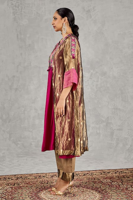 Buy_Shivani Bhargava_Gold Silk, Cotton Embroidery, Zari, Tassels Open Neck, Jacket And Kurta Set _Online_at_Aza_Fashions