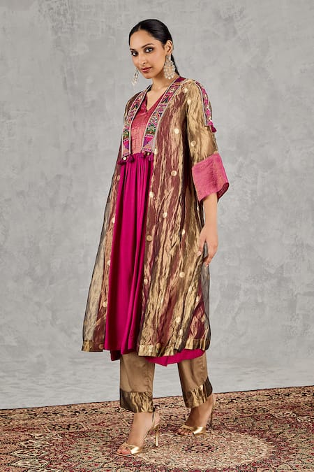 Buy_Shivani Bhargava_Gold Silk, Cotton Embroidery, Zari, Tassels Open Neck, Jacket And Kurta Set 