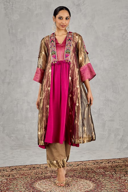 Buy_Shivani Bhargava_Gold Silk, Cotton Zari, Embroidery, Tassels Open Neck, Weave Jacket With Kurta 
