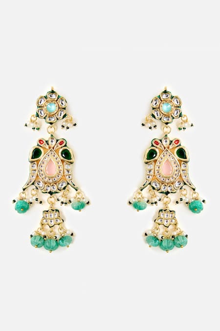 Vivinia By Vidhi Mehra_Multi Color Beads, Stones, Pearls Emerald Drop Statement Earrings _Online_at_Aza_Fashions