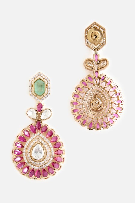 Shop_Vivinia By Vidhi Mehra_Gold Plated Stones, Pearls Green And Pink Choker Necklace Set _Online_at_Aza_Fashions