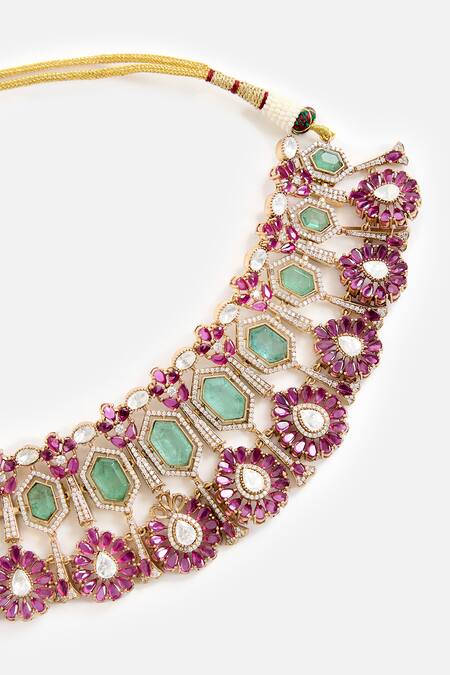 Vivinia By Vidhi Mehra_Gold Plated Stones, Pearls Green And Pink Choker Necklace Set _at_Aza_Fashions