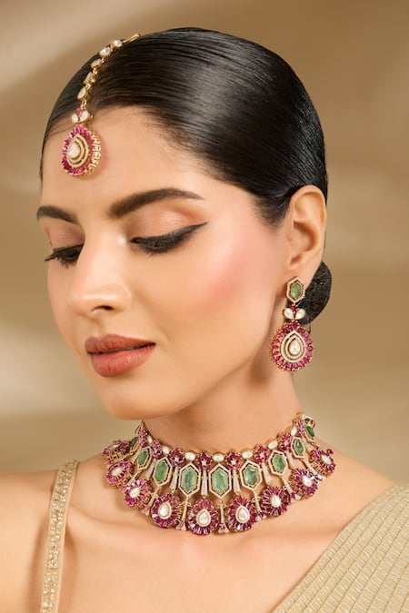Vivinia By Vidhi Mehra Green & Pink Stone Choker Necklace Set 