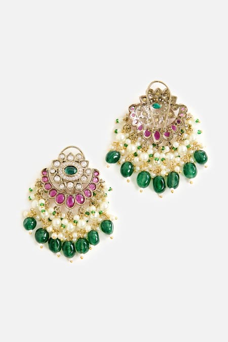 Buy_Vivinia By Vidhi Mehra_Multi Color Stones, Pearls Green And White Long Necklace Set _Online_at_Aza_Fashions