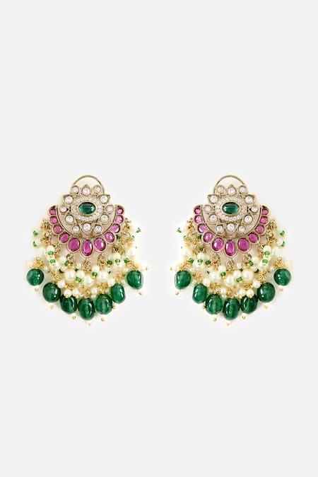 Shop_Vivinia By Vidhi Mehra_Multi Color Stones, Pearls Green And White Long Necklace Set _Online_at_Aza_Fashions