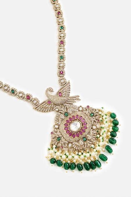 Vivinia By Vidhi Mehra_Multi Color Stones, Pearls Green And White Long Necklace Set _at_Aza_Fashions