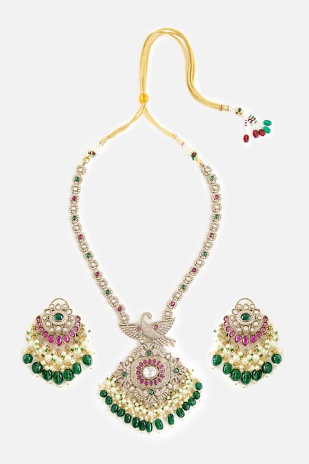 Vivinia By Vidhi Mehra Green & White Stone Long Necklace Set 