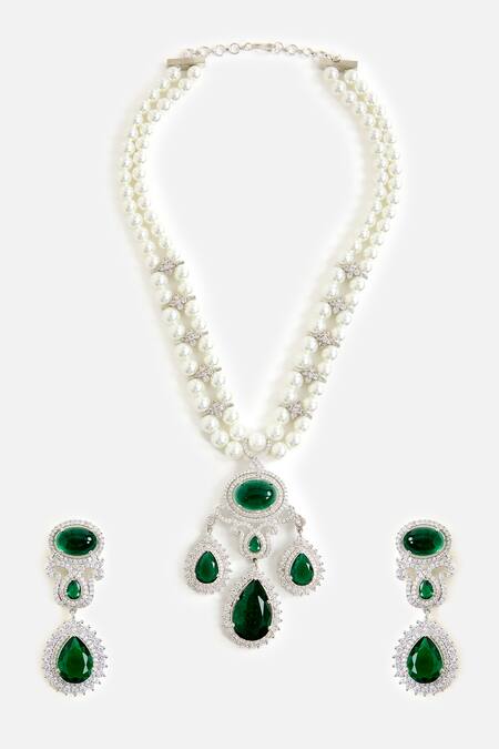 Vivinia By Vidhi Mehra Pearl & Green Stone Statement Necklace Set 