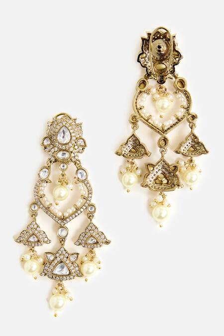 Vivinia By Vidhi Mehra_Gold Plated Stones, Pearls Floral Dangler Earrings _Online_at_Aza_Fashions