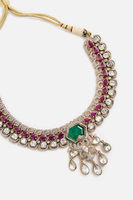 Shop_Vivinia By Vidhi Mehra_Multi Color Stones, Crystals Emerald And Kundan Choker Necklace Set _Online_at_Aza_Fashions