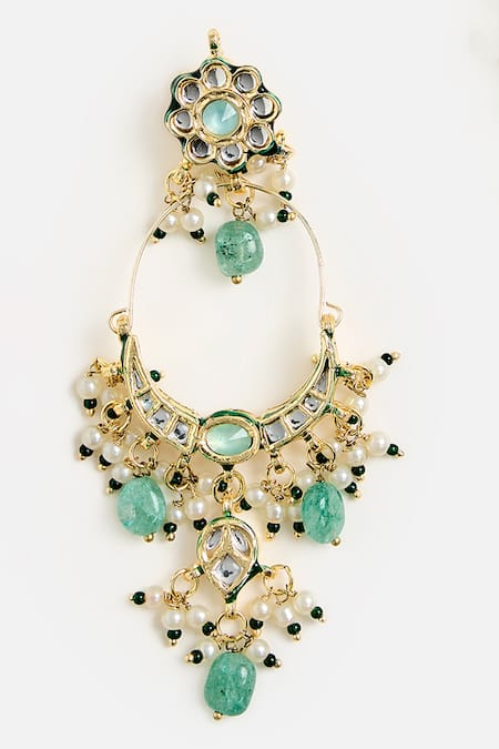 Buy_Vivinia By Vidhi Mehra_Gold Plated Stones, Pearls Emerald And Kundan Chandbali Earrings _Online_at_Aza_Fashions