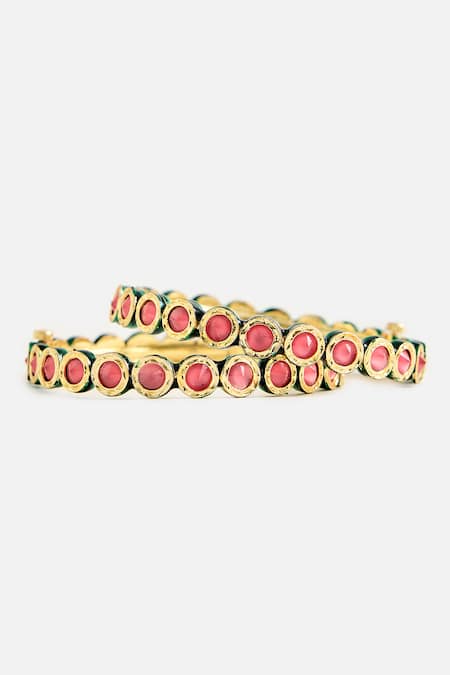 Vivinia By Vidhi Mehra_Pink Stones, Crystals Floral Enamel Kundan Embellished Bangle _Online_at_Aza_Fashions