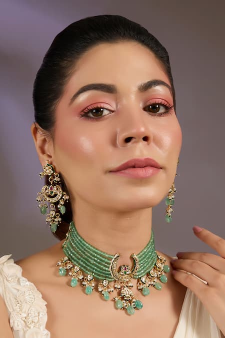 Vivinia By Vidhi Mehra Green Beaded Kundan Choker Set 