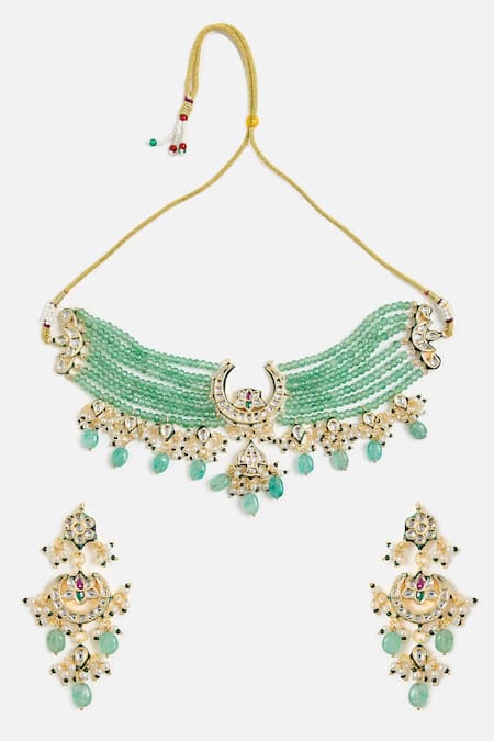 Vivinia By Vidhi Mehra Green Beaded Kundan Choker Set 