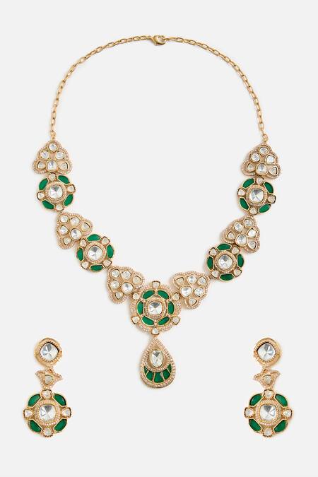 Vivinia By Vidhi Mehra Gold & Emerald Kundan Necklace Set 