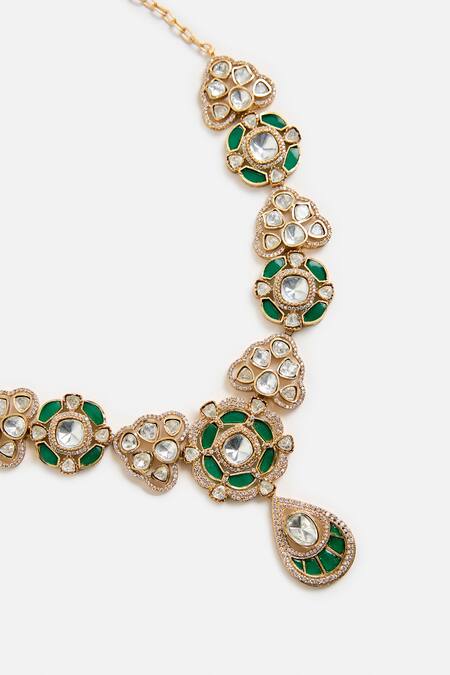 Buy_Vivinia By Vidhi Mehra_Gold Plated Stones, Crystals And Emerald Kundan Necklace Set _Online_at_Aza_Fashions