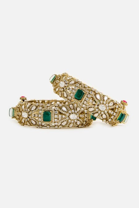 Vivinia By Vidhi Mehra_Green Stones, Faux Diamonds Emerald And Kundan Embellished Bangles _Online_at_Aza_Fashions
