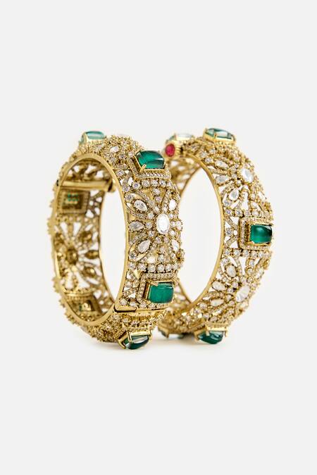 Vivinia By Vidhi Mehra Emerald & Kundan Embellished Bangles 