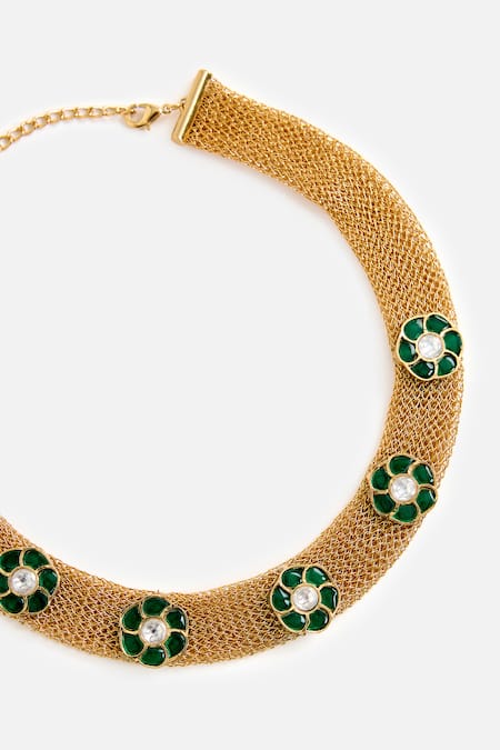 Buy_Vivinia By Vidhi Mehra_Gold Plated Stones, Pearls Green Embellished Choker Set _Online_at_Aza_Fashions