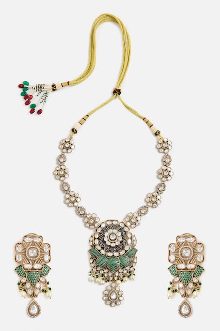 Vivinia By Vidhi Mehra Kundan & Emerald Statement Necklace Set 