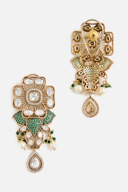Buy_Vivinia By Vidhi Mehra_Green Stones, Pearls Kundan And Emerald Statement Necklace Set _Online_at_Aza_Fashions