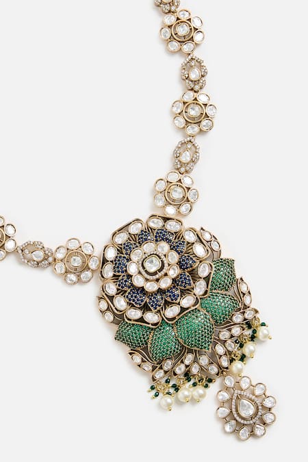 Shop_Vivinia By Vidhi Mehra_Green Stones, Pearls Kundan And Emerald Statement Necklace Set _Online_at_Aza_Fashions