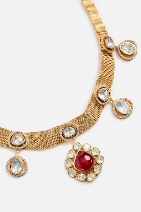 Shop_Vivinia By Vidhi Mehra_Gold Plated Stones, Pearls Ruby And Kundan Necklace Set _Online_at_Aza_Fashions
