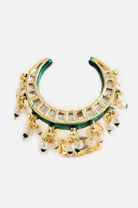 Vivinia By Vidhi Mehra_Gold Plated Gemstones, Pearls, Beads Crescent Kundan Statement Ring _Online_at_Aza_Fashions
