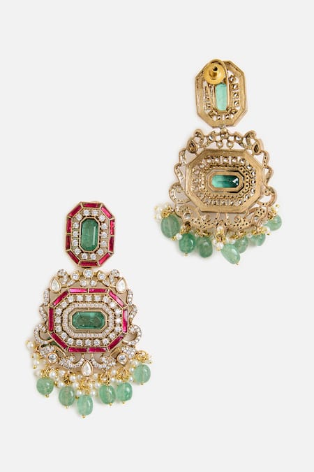 Buy_Vivinia By Vidhi Mehra_Green Pearls, Stones, Beads Regal Kundan And Emerald Statement Necklace Set _Online_at_Aza_Fashions